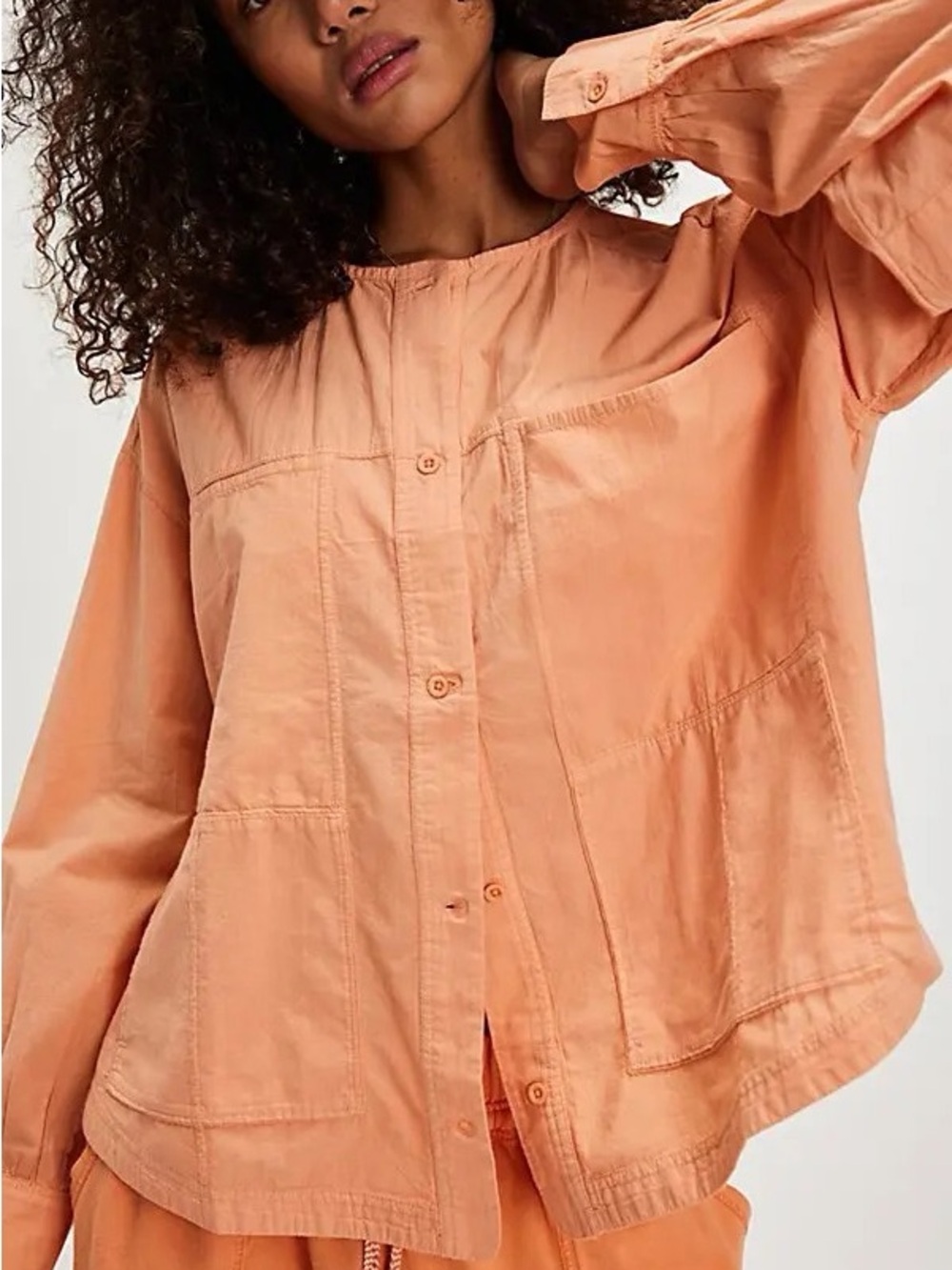 Free People Golden Hour Cotton Button Up Long Sleeve House Shirt in Orange